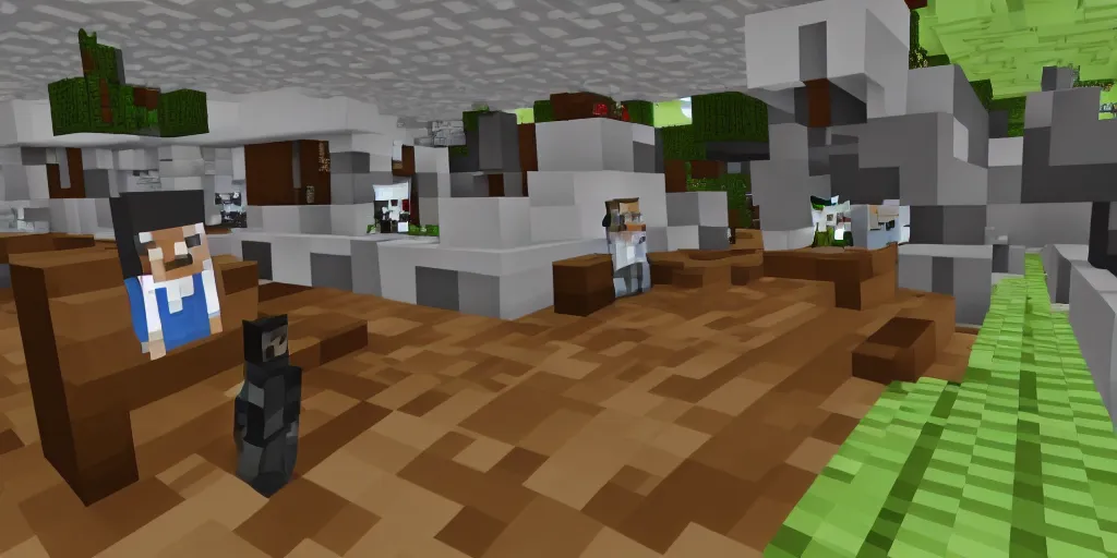 Image similar to White House press briefing with a Minecraft creeper sneaking up behind the President