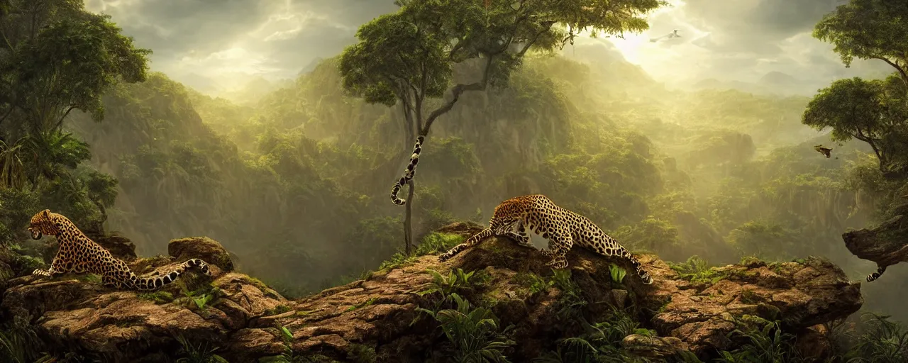 Prompt: leopard standing in the jungle, beautiful dynamic lighting, cinematic, wide angle establishing shot, extremely high detail, photo realistic, cinematic lighting, post processed, concept art, artstation, matte painting, style by frederic church, raphael lacoste, unreal engine 8 k