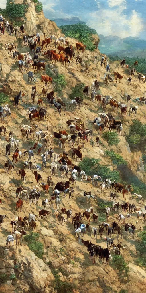 Image similar to a herd of goats climbing a citadel!, colorful, beautiful, highly detailed