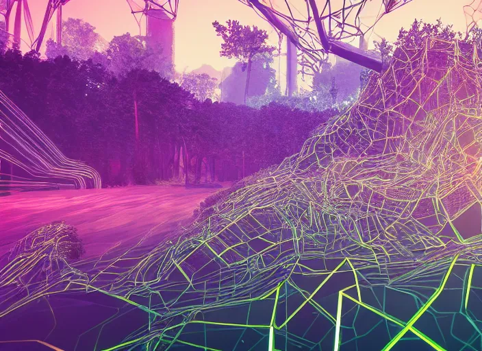 Image similar to meadows inspired by compression algorithms, alien plants, giant computer-circuitry structures sticking out, abstract, pastel tones, low-poly, ray-tracing, 4k, high-quality render, trending on artstation