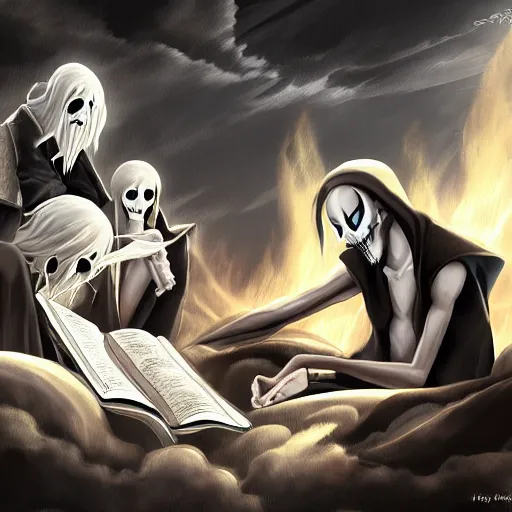 Image similar to soul reapers reading books, high definition, 16k resolution, concept art, digital art