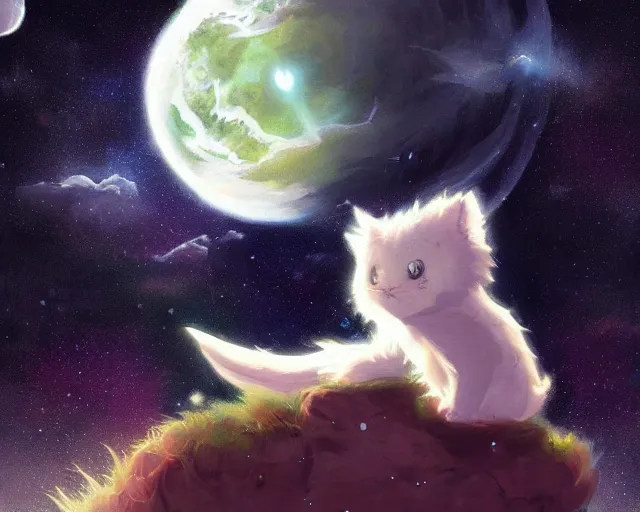 Prompt: one cartoonish kitty dressed as Gandalf floating alone in space, bright stars, anime, a fantasy digital painting by Greg Rutkowski and James Gurney, trending on Artstation, highly detailed