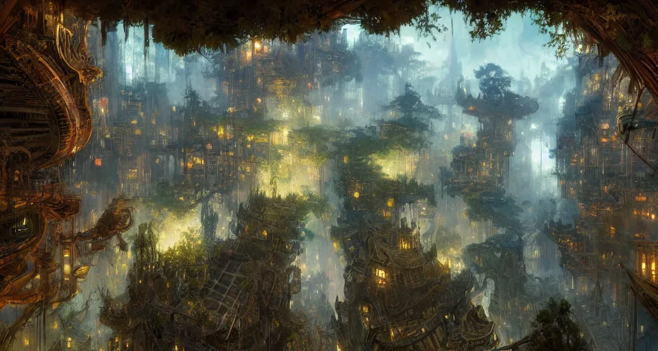 Image similar to looking up at a city of tree - houses at caras galadhon, intricate, vivid colors, elegant, highly detailed, john park, frazetta, john howe, ruan jia, jeffrey catherine jones