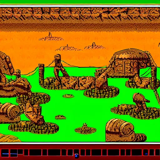 Image similar to HD 16-bit vivid art, of Dune 2 mentat and harvester, at Arrakis, 1990s 2D game graphics, many round shihing gems at the golden border frame