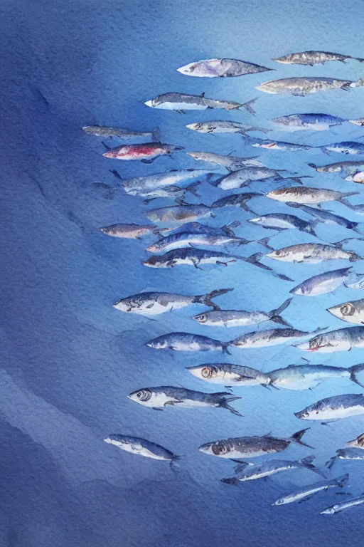 Prompt: a beautiful watercolour on 3 0 0 gsm paper of a school of mackerel, 8 k, frostbite 3 engine, cryengine, dof, trending on artstation, digital art, crepuscular ray