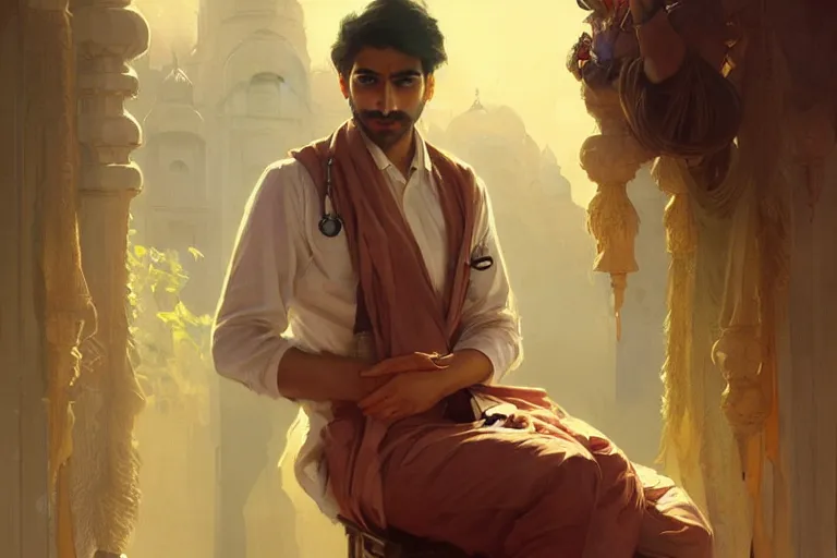 Image similar to Anxious good looking pale young Indian doctors smoking, portrait, elegant, intricate, digital painting, artstation, concept art, smooth, sharp focus, illustration, art by artgerm and greg rutkowski and alphonse mucha