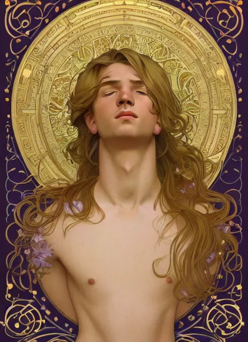 Prompt: pretty young man with shoulder length shiny shimmering golden blond hair, half body shot, emotional, decorative flower patterned background, path traced, highly detailed, high quality, digital painting, by studio ghibli and alphonse mucha, leesha hannigan, hidari, disney, jules bastien - lepage, art nouveau