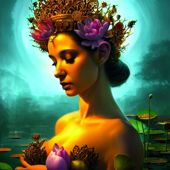 Prompt: Beautiful 3d render of the flower queen goddess in a sensual pose near a pond full of lotus, atmospheric lighting, painted, intricate, volumetric lighting, beautiful, rich deep colours masterpiece, sharp focus, ultra detailed, in the style of Dan Mumford and marc simonetti, with a crowded futuristic cyberpunk city in the background, astrophotography