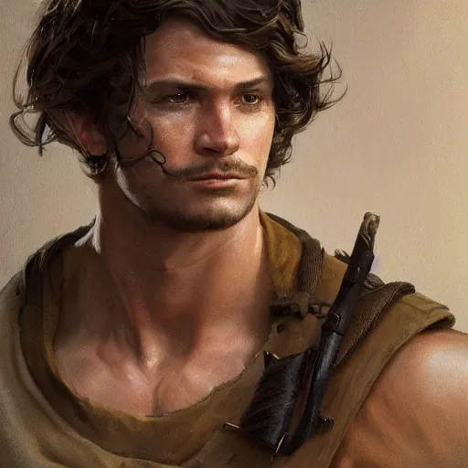 Image similar to portrait of a young rugged ranger, muscular, upper body, hairy torso, D&D, fantasy, intricate, cinematic lighting, highly detailed, digital painting, artstation, concept art, smooth, sharp focus, illustration, art by Artgerm and Greg Rutkowski and Alphonse Mucha