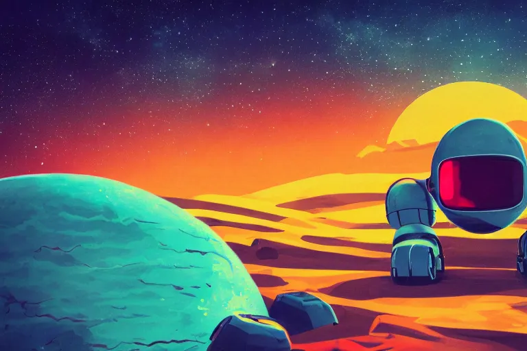 Image similar to a cozy robot laying on mars in the style of flooko, acrylic, art, detailed, moonlight, bokeh, synthwave, phychedelic, glitch, neon, retro, galaxy, glow, ambient lighting, cinematic lighting,