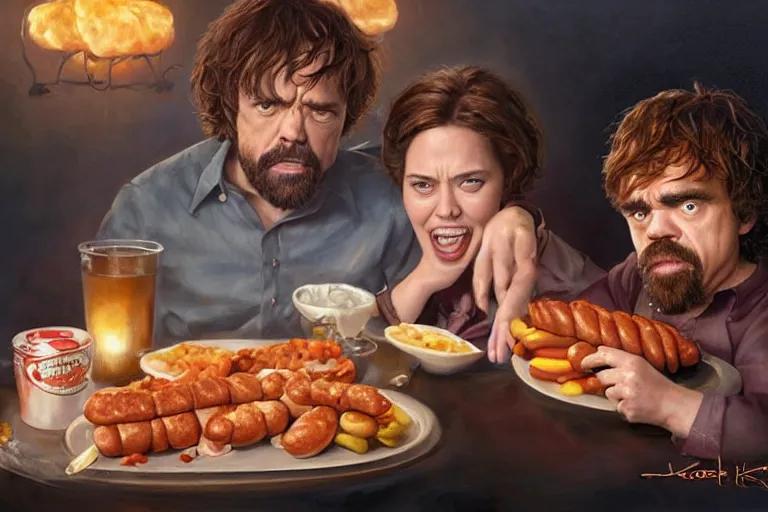 Image similar to portrait of peter dinklage sharing hotdogs with scarlett johansson, an oil painting by ross tran and thomas kincade