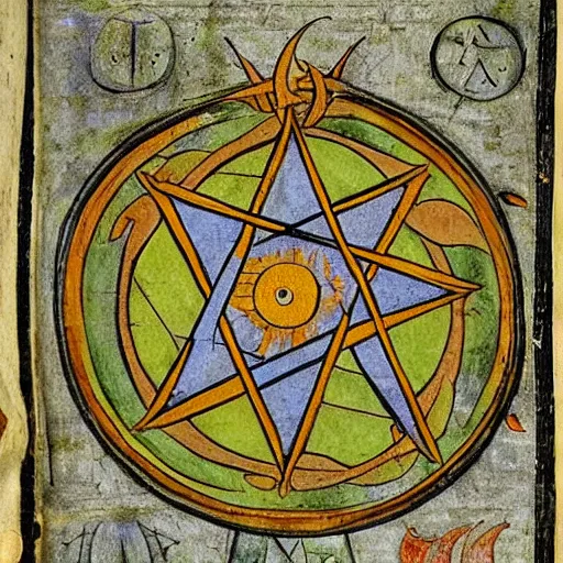 Prompt: page from a medieval manuscript on summoning demons, occult symbols, illustrations of plants, highly detailed, pentagram