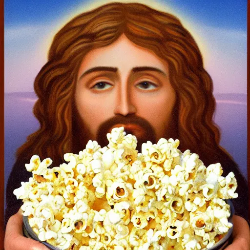 Image similar to jesus holding a big bucket of popcorn
