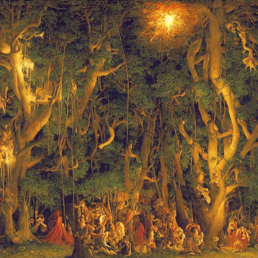 Image similar to closeup of a night carnival inside a tree cavity in a magical forest in the middle of a summer storm, with a music scenario with many fireworks and christmas lights, volumetric lightning, instense god rays in the sky, folklore people disguised with fantastic creatures in a magical forest by summer night, masterpiece painted by pierre puvis de chavannes, very coherent and contrast masterpiece,