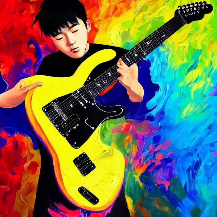 Image similar to abstract swirly brush strokes painting of a young korean man wearing black t shirt holding a telecaster!!! electric guitar!!, dark swirly background, huge dramatic brush strokes, matte colors, abstract, masterpiece, impressionist, trending on artstation