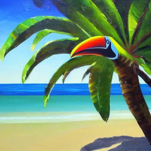 Prompt: toucan relaxing on an island beach with palm trees detailed oil painting