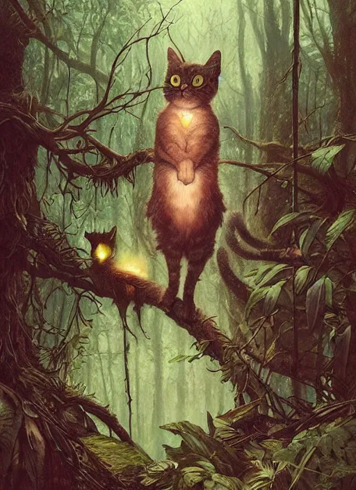 Prompt: a hyper realistic cat witch bird creature in the woods gorgeous lighting, lush forest foliage painting by chiara bautista and beksinski and norman rockwell and greg rutkowski weta studio, and lucasfilm