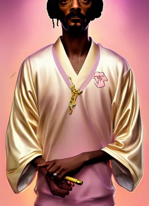 Prompt: dreamlike luxury snoop dogg portrait, pale pink and gold kimono, art by artgerm, wlop, loish, ilya kuvshinov, 8 k realistic, hyperdetailed, beautiful lighting, detailed background, depth of field, symmetrical face, frostbite 3 engine, cryengine,