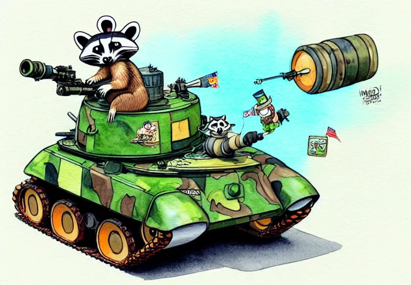 Image similar to cute and funny, racoon wearing army helmet riding in a tiny tank with large cannon, ratfink style by ed roth, centered award winning watercolor pen illustration, isometric illustration by chihiro iwasaki, edited by range murata