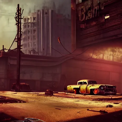 Prompt: fallout 4 : miami, ruined city environment, rusted vintage cars and trucks mysterious atmospheric lighting, matte painting, intricate, iridescent, volumetric lighting, beautiful, rich deep colours masterpiece, fog golden hour, golden ratio, sharp focus, ultra detailed, by leesha hannigan, ross tran, thierry doizon, kai carpenter, ignacio fernandez rios