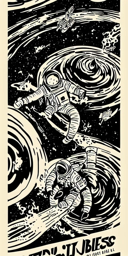 Prompt: mcbess poster in full color, astronaut drifting into a black hole