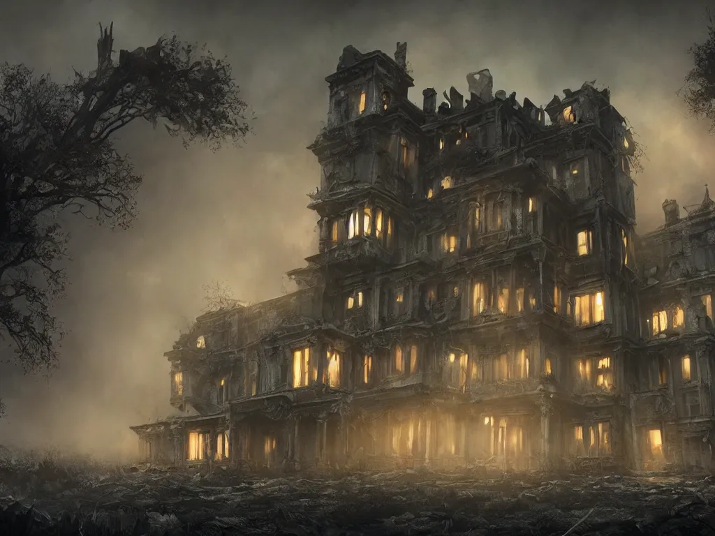 Prompt: a haunting matte painting of a disturbing dilapidated scary mansion with eerie glowing windows at the edge of world, concept art, illustration, trending on cgsociety, unreal engine, vibrant colors, 4 k wallpaper