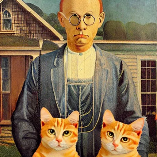 Image similar to fat orange tabby cat next curly haired man, style of american gothic by grant wood