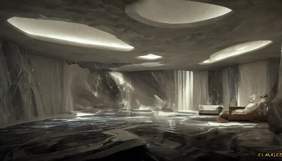 Prompt: a futuristic apartment interior in the style of a waterfall cave, tiger skin carpet, Greek marble statue, high ceiling, dark moody lighting, foggy atmosphere, 16mm lens, by Craig Mullins and frank lloyd wright, octane rendering