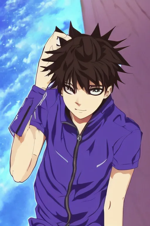 Image similar to portrait of a teen boy wearing a blue and white jumpsuit, brown spiky hair, tan skin, purple eyes, detailed, anime key visual, hisashi hirai