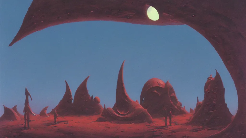 Image similar to mysterious sculpture of an alien crescent moon by paul lehr and john schoenherr, cinematic matte painting