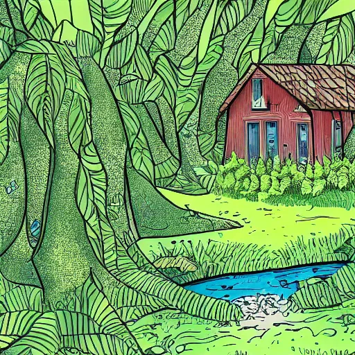 Image similar to A cartoon illustration of an overgrown house in a lush forest, detailed, depth