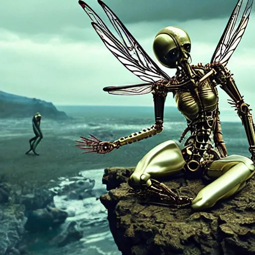 Image similar to still frame from Prometheus movie by Makoto Aida by malczewski, biomechanical dragonfly angel gynoid, metal couture by neri oxmn and Guo pei, editorial by Malczewski and by Caravaggio