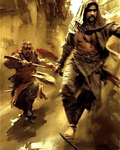 Prompt: fantasy concept art by anders zorn and craig mullins depicting colin farrell as an ancient egyptian rogue running through a busy oriental market