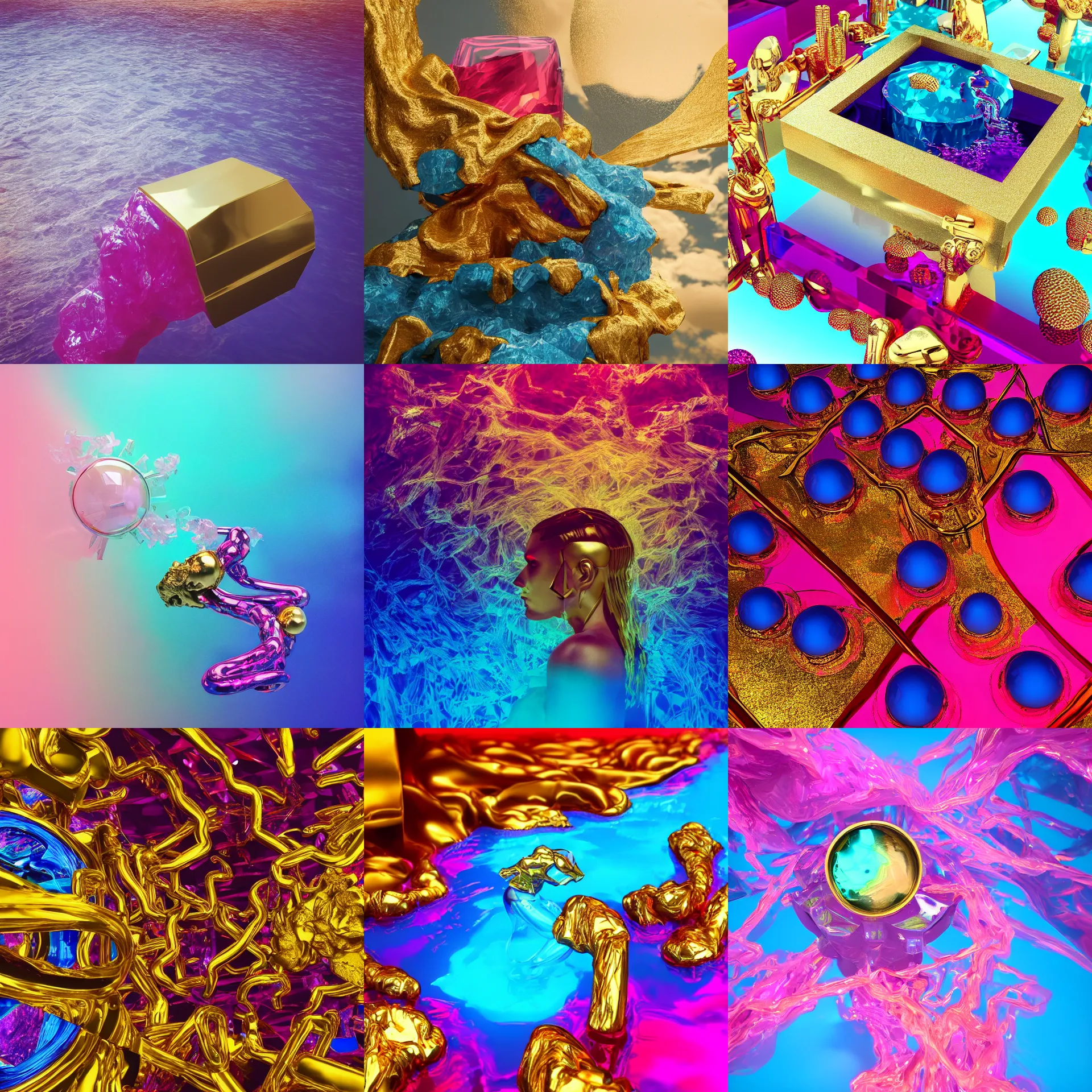 Prompt: vivid dream of vaporwave fear manifold, fearful vibe, gold, ruby, quartz, sapphire, glass, quicksilver, water, air, HDR, octane render, 8k, 4k