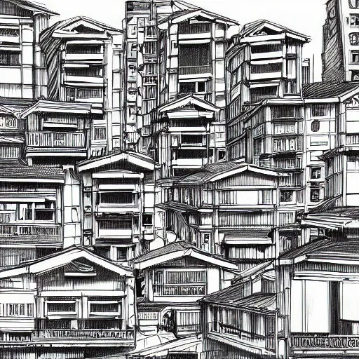 Prompt: highly detailed sketch of a distorted japanese neighborhood in the style of kim jung gi