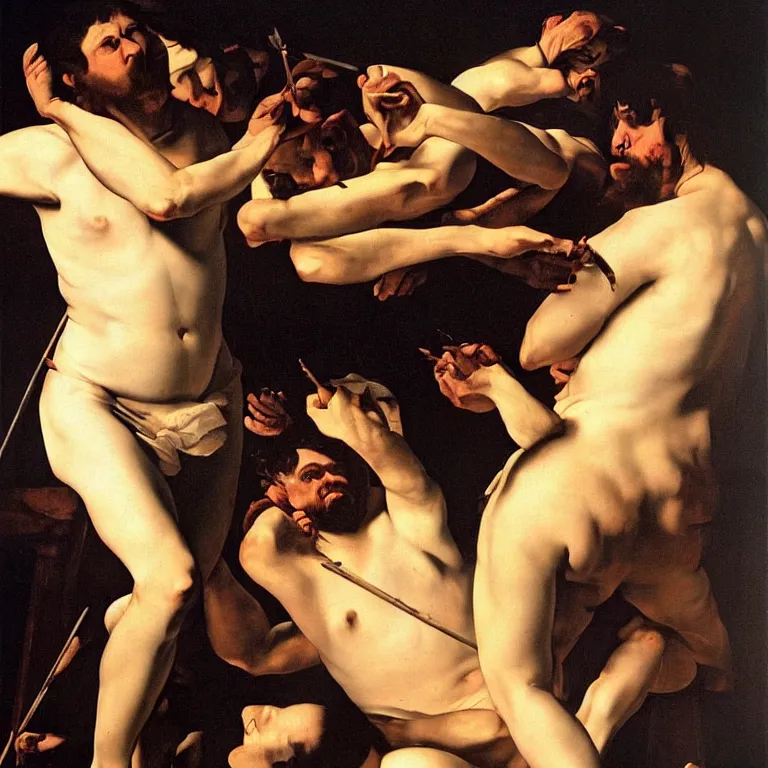 Prompt: these violent delights have violent ends, painting by caravaggio