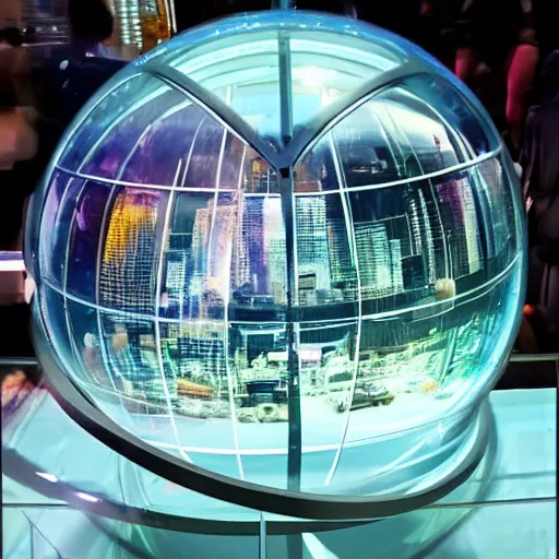 Prompt: A glass sphere on display with a futuristic cybercity inside.