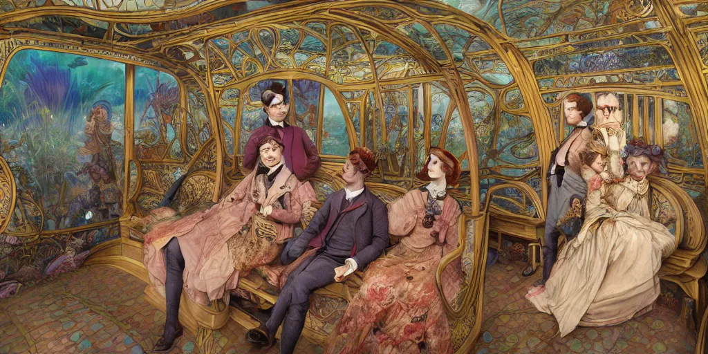 Image similar to incredibly beautiful breathtakingly detailed colour art nouveau photograph group portrait of an amazingly cool odd characterful couple sat down, in the inside of the beautiful underwater train to atlantis, every face amazingly clear detailed with lifelike expressions, full of crowd of people sat down wearing unusual clothes, by william powell frith and mucha, ultra wide angle, 4 k