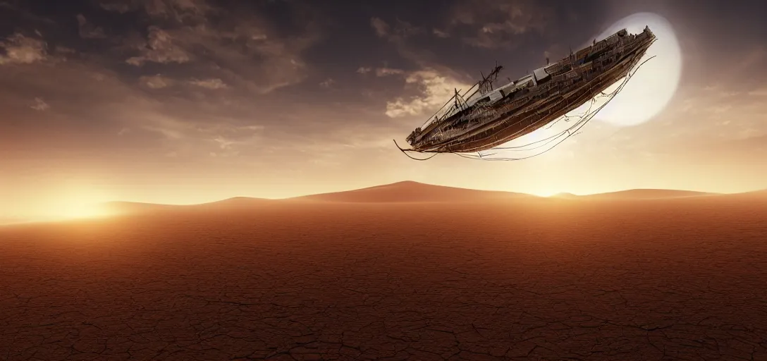 Prompt: an amazingly stunning picture of a transparent refractive ghost ship floating high up in the sky over a desert, intricate detail, sunset, serene, volumetric lighting, volumetric clouds, 8 k, photorealistic, digital art trending on artstation