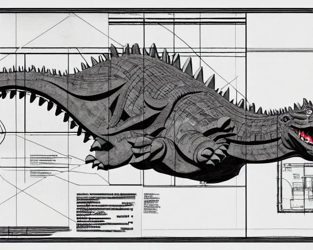 Image similar to a full page of a mechanical blueprint showing the interior of godzilla, with a big head, muted colors, post grunge, studio ghibli, hq,