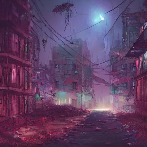 Image similar to digital art of abandoned overgrown city at night, artstation, colorful