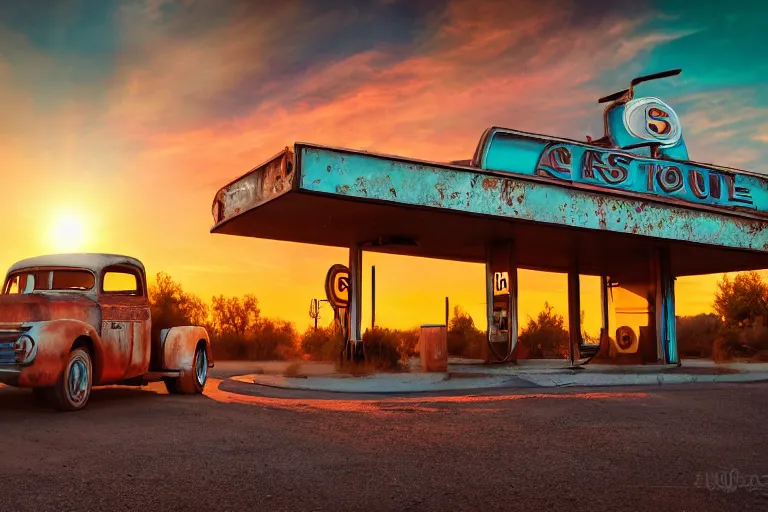 Image similar to a sunset light landscape with historical route 6 6, lots of sparkling details and sun ray ’ s, blinding backlight, smoke, volumetric lighting, colorful, octane, 3 5 mm, abandoned gas station, old rusty pickup - truck, beautiful epic colored reflections, very colorful heavenly, softlight