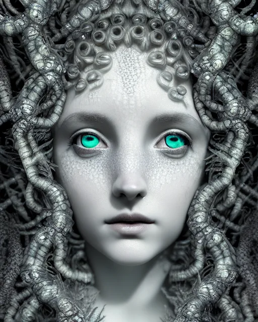 Image similar to surreal mythical dreamy underwater artistic bw photo of a beautiful young female angelic - medusa - cyborg covered with fish scales and algae, highly detailed, intricate crystal ivy jelly fish scales ornate, poetic, octane render, 8 k, photo - realistic, in the style of gustave dore and preraphaelites