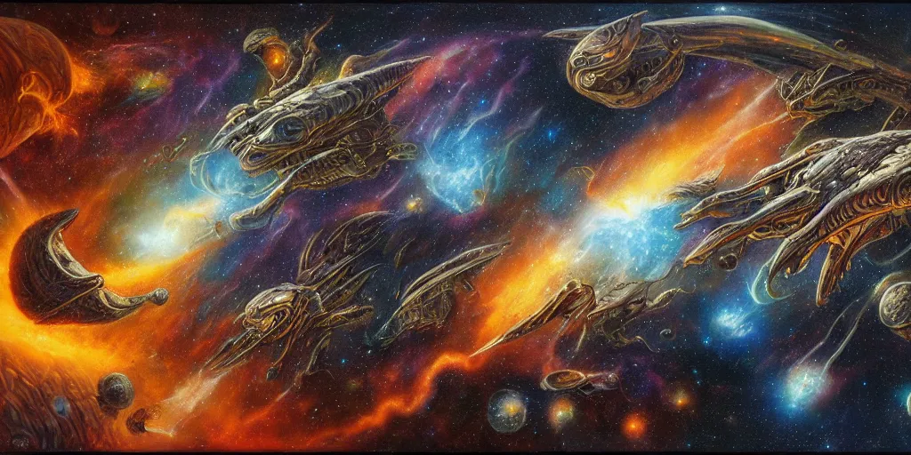 Prompt: alien dragons flying through outer space, epic nebula, asteroid belt, dan seagrave art