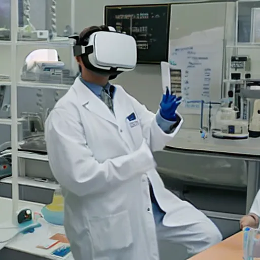 Prompt: a 2004 film still of a cat wearing a VR helmet, two people in lab coats standing behind the cat, one person has a clipboard, lab equipment in the background