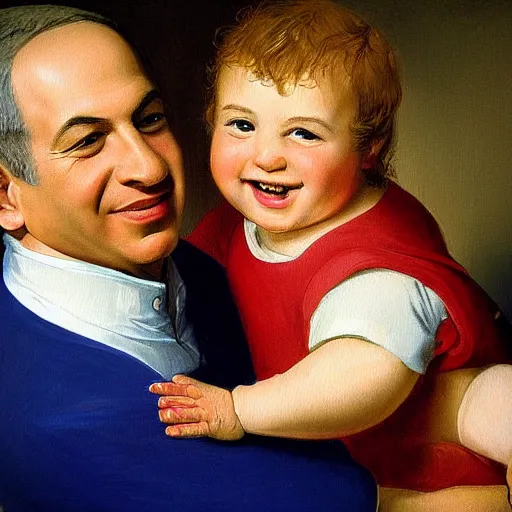 Image similar to a painting of benjamin netanyahu smiling as a baby being held by his parents, by caspar david