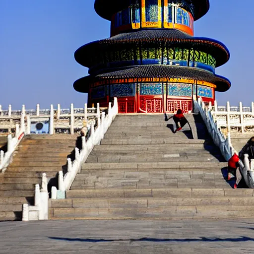 Prompt: RJ doing a kickflip over the temple of heaven