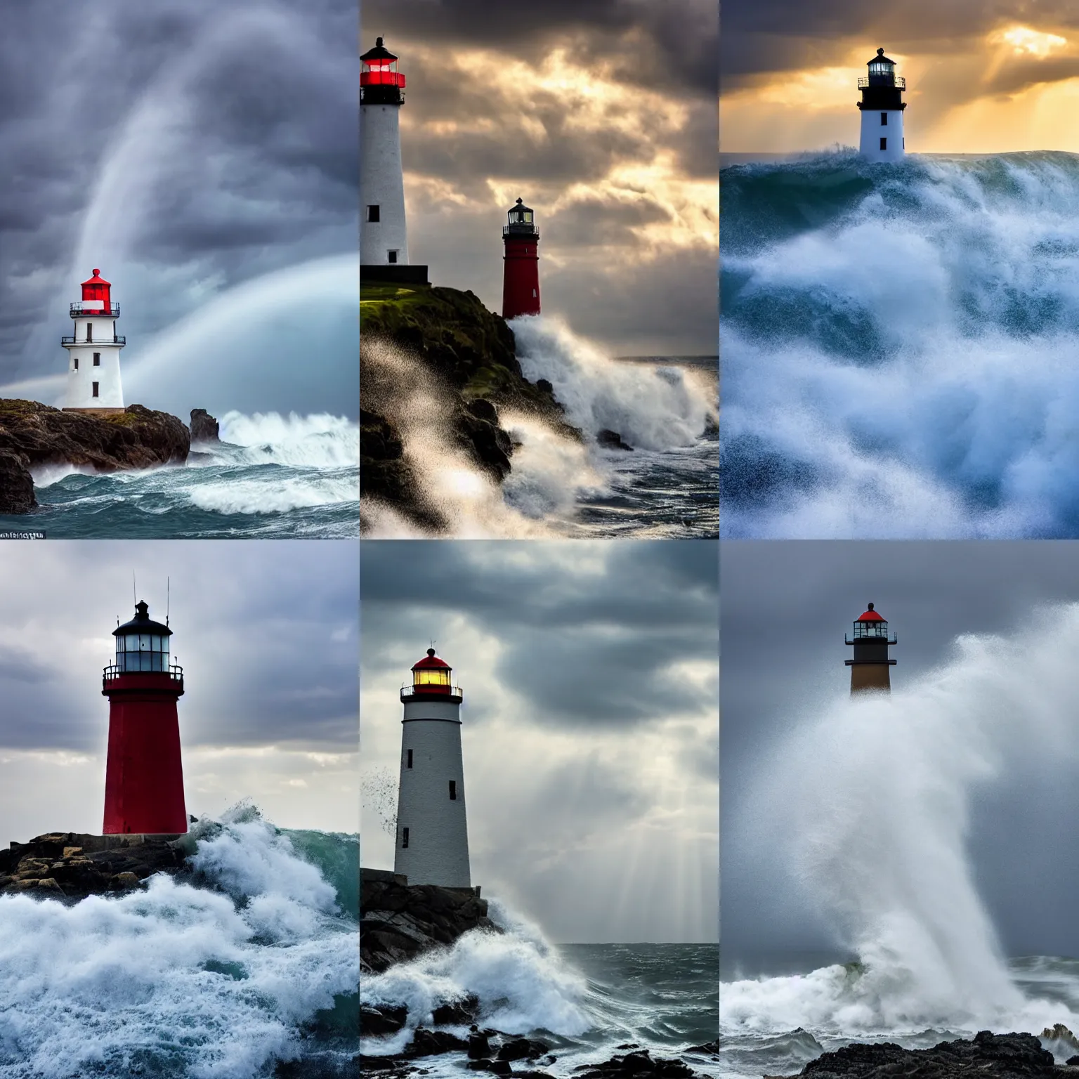 Prompt: huge waves crashing over a lighthouse on rocks with huge, very huge waves, scenic full shot, ambient lighting, stormy sky, god rays