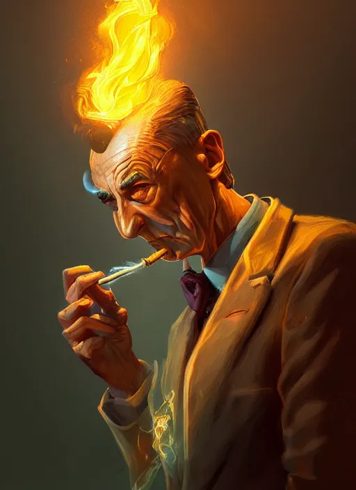 Prompt: a highly detailed illustration of j. r oppenheimer smoking a glowing nuclear cigarette, dramatic pose, intricate, elegant, highly detailed, centered, digital painting, artstation, concept art, smooth, sharp focus, league of legends concept art, wlop.