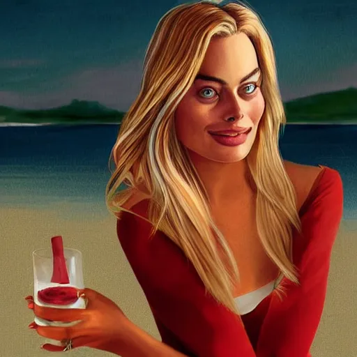 Image similar to a portrait of margot robbie holding a coctail on the beach, beautiful face, highly detailed, digital art